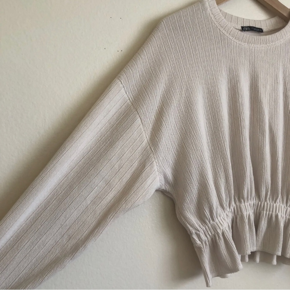 Zara Knit Sweater Ribbed Cinch Waist Long Sleeve Cream Size M Neutral Tone - Picture 3 of 7